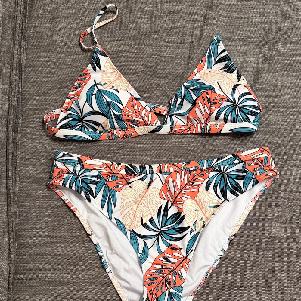 Leafy Print Bikini in Coral and Teal